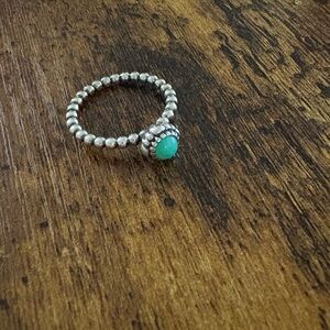Pandora Retired Silver Beaded Ring with Teal Stone